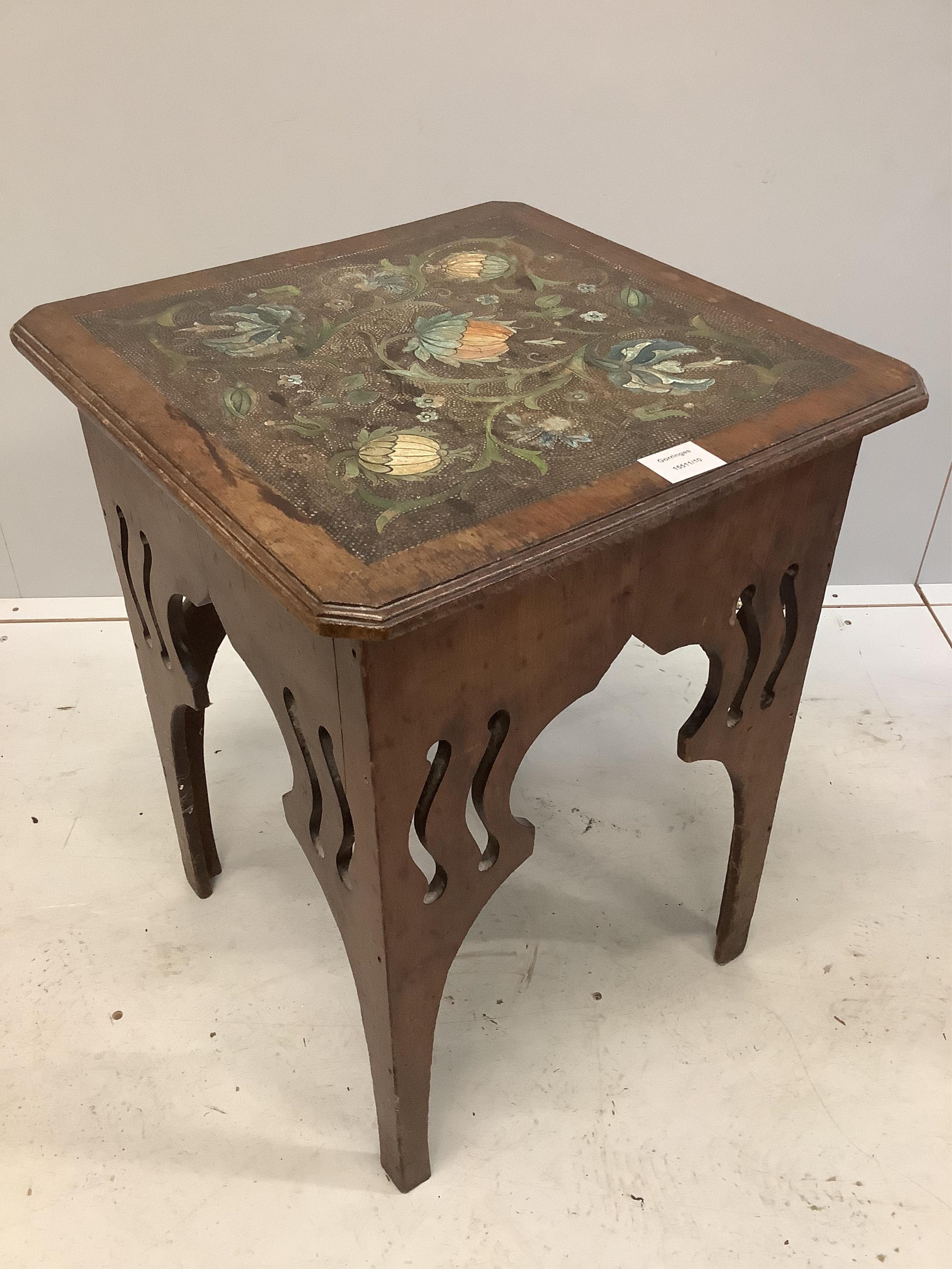 An early 20th century Liberty style square pokerwork occasional table, 46cm, height 60cm. Condition - fair